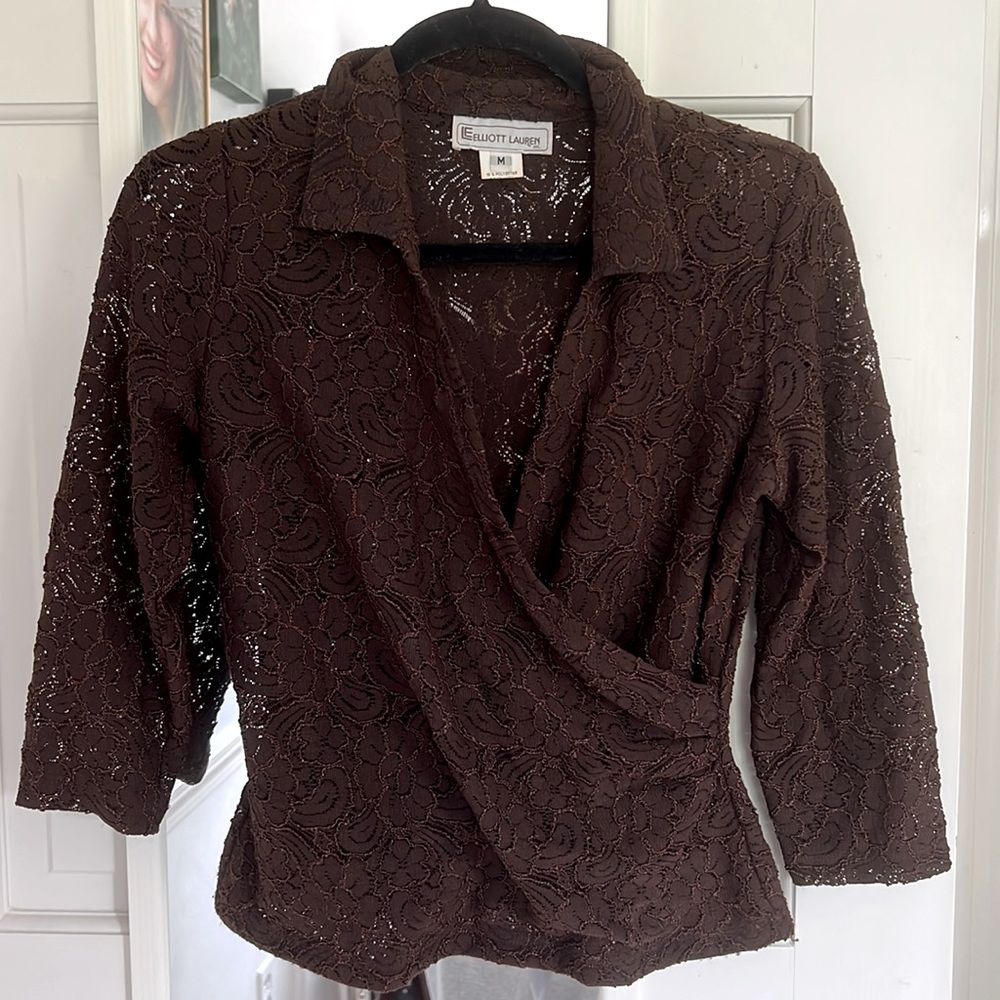 Elliott Lauren brown lace blouse 60% Nylon 15% Polyester